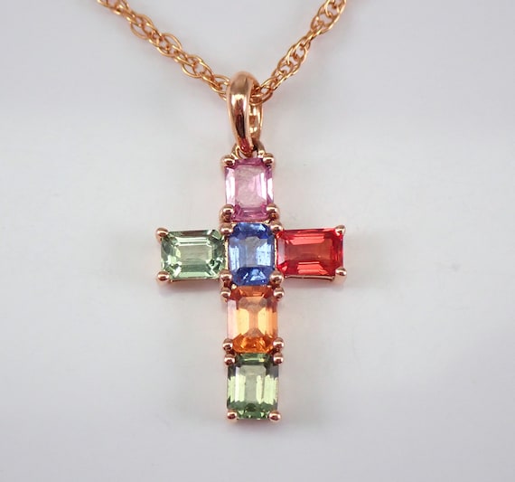 Multi Color Sapphire Cross Necklace, 18K Rose Gold Cross Pendant with Genuine Green Sapphire, Pink Sapphire, Orange Sapphire 18" Chain