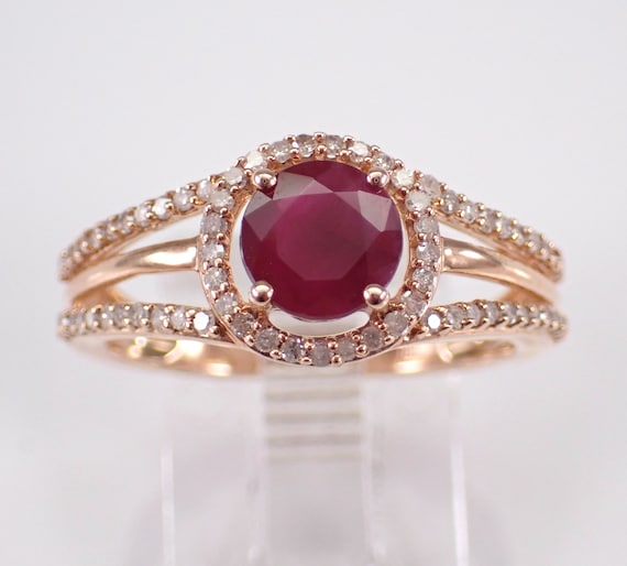 Rose Gold Ruby and Diamond Ring - Bridal Halo Engagement Setting - July Gemstone Fine Jewelry Gift