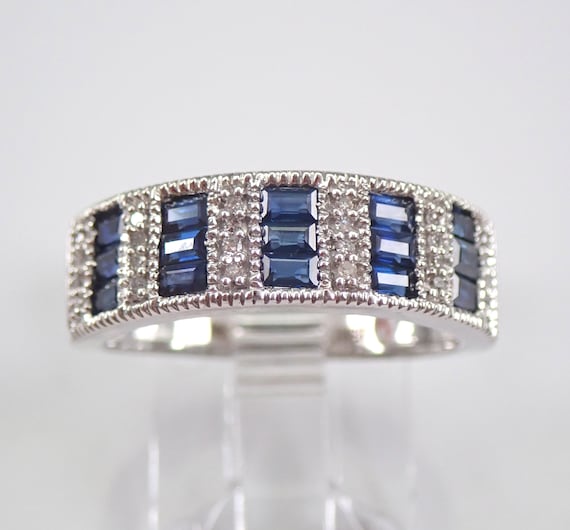 Blue Sapphire and Diamond Wedding Ring - White Gold Stackable Anniversary Band - GalaxyGems Bridal Fine Jewelry