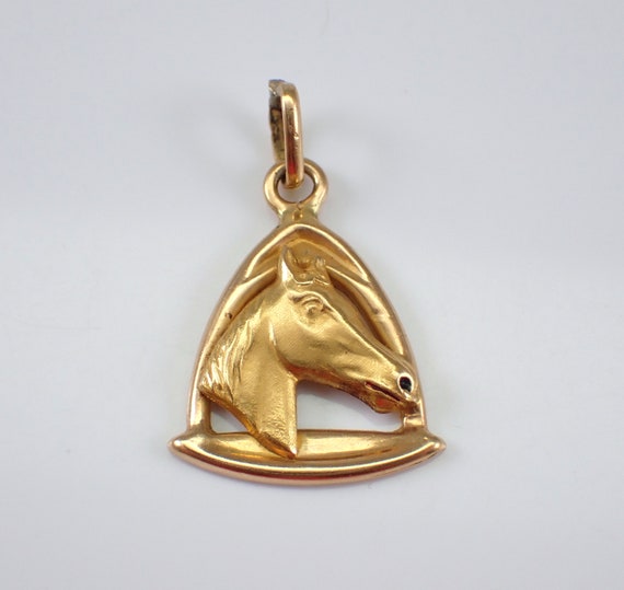 Vintage 14K Yellow Gold Horse Charm Pendant - Equestrian Jewelry for Necklace or Bracelet - Unique Triangle Frame