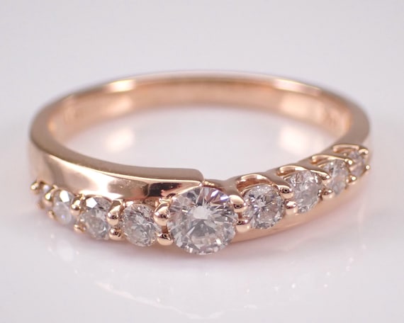 14K Rose Gold Diamond Wedding Ring, Stackable Bridal Anniversary Band