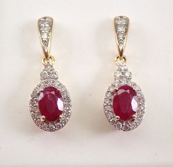 Ruby and Diamond Dangle Earrings, Petite Oval Halo Drop Earrings, July Birthstone Yellow Gold Jewelry for Her