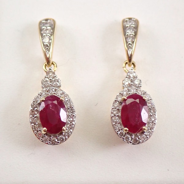 Ruby and Diamond Dangle Earrings, Petite Oval Halo Drop Earrings, July Birthstone Yellow Gold Jewelry for Her
