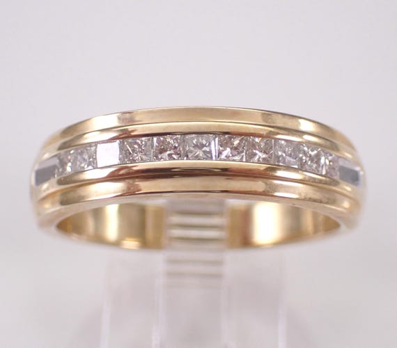 Mens Yellow Gold Diamond Wedding Ring: Princess Cut Bridal Anniversary Band
