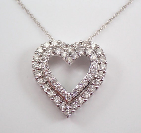 Diamond Heart Pendant and Chain - 14K White Gold Floating Necklace - Bridal Wedding Fine Jewelry Gift