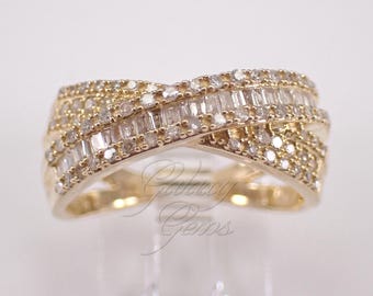 Yellow Gold Baguette Diamond Wedding Ring: Crossover Bypass Anniversary Band