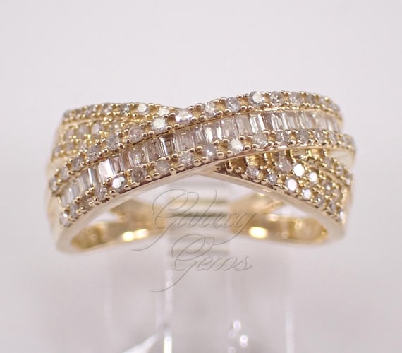 Yellow Gold Baguette Diamond Wedding Ring: Crossover Bypass Anniversary Band