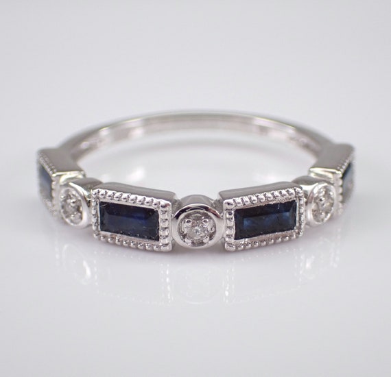 Sapphire and Diamond Wedding Ring - White Gold Stacking Anniversary Band - September Birthstone Gemstone Fine Jewelry Gift