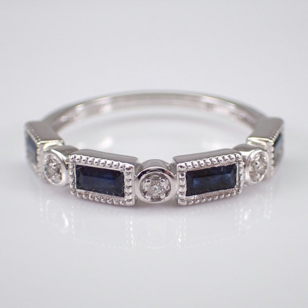 Sapphire and Diamond Wedding Ring - White Gold Stacking Anniversary Band - September Birthstone Gemstone Fine Jewelry Gift