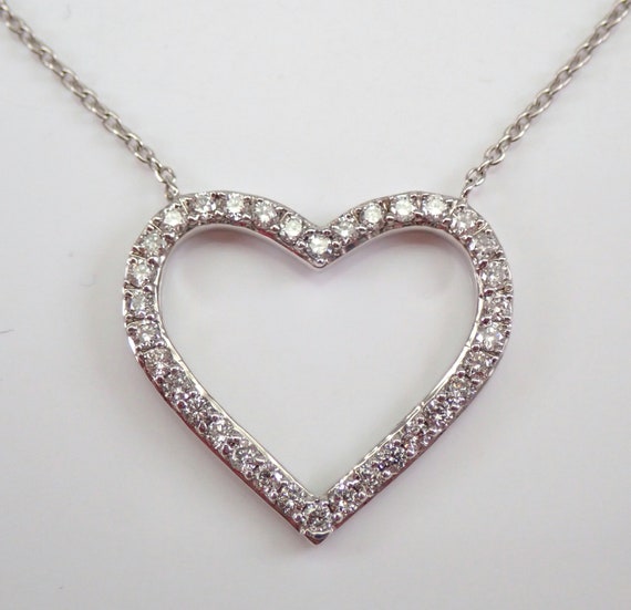 Diamond Heart Necklace, Solid White Gold Pendant Choker, Adjustable 18" Chain Wedding Valentines Day Gift