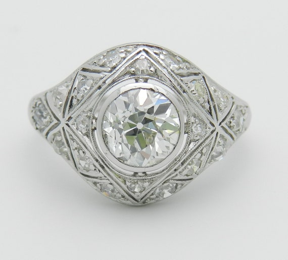 Antique Platinum Old Miner Diamond Engagement Ring - Rare Art Deco Domed Setting - 20s Bridal Fine Jewelry