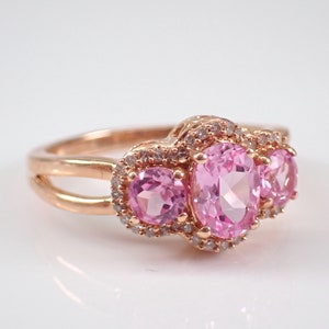 14K Rose Gold Pink Topaz Ring Three Stone Diamond Halo Anniversary Band Unique Bridal Wedding Gift image 5