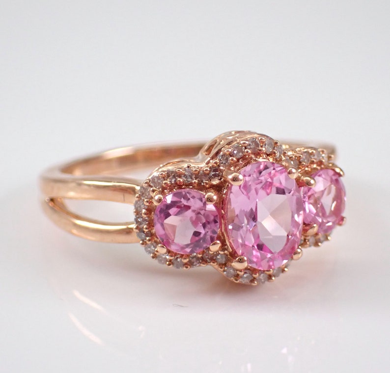 14K Rose Gold Pink Topaz Ring Three Stone Diamond Halo Anniversary Band Unique Bridal Wedding Gift image 5