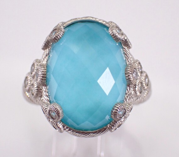 Vintage Sterling Silver Judith Ripka Ring - Estate Unique Turquoise and CZ Band - Wide Chunky Design Jewelry