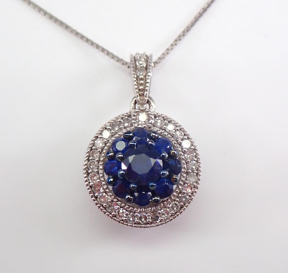 Sapphire and Diamond Cluster Pendant - White Gold Gemstone Necklace Charm - September Birthstone Jewelry Gift