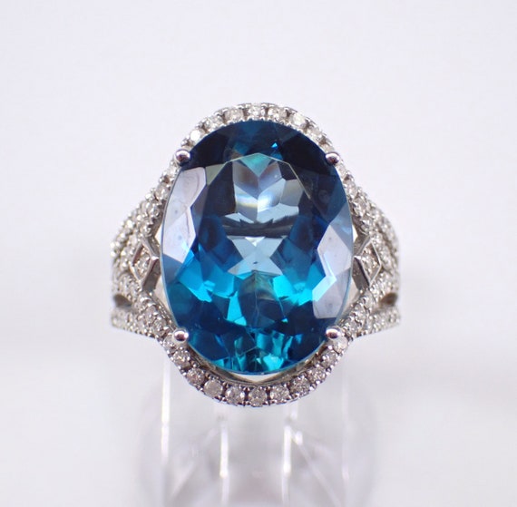 14K White Gold London Blue Topaz Ring - Diamond Halo Engagement Setting - December Gemstone Jewelry Gift