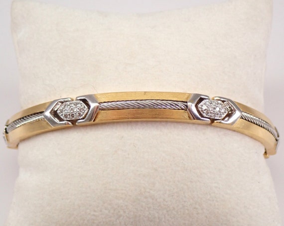 Vintage PHILIPPE CHARRIOL Bracelet - Solid 18K Two Tone Gold Diamond Bracelet - 80s Designer Fine Jewelry Flexible Bangle