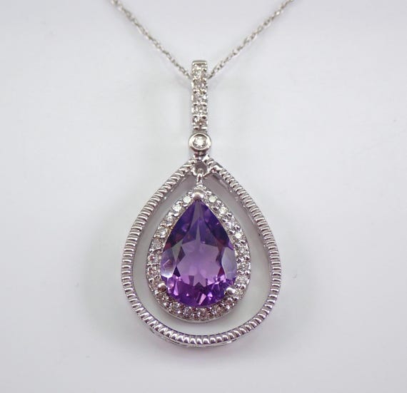 Amethyst and Diamond Pendant Necklace - Solid 14K White Gold Dainty Birthstone Setting - February Gemstone Dangle Jewelry Gift
