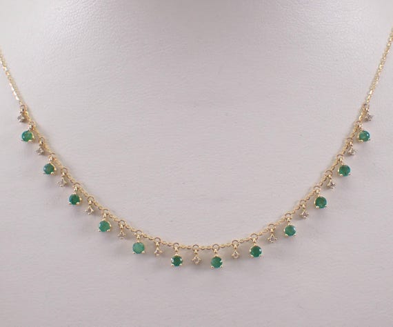 14K Yellow Gold Emerald Necklace - Diamond Dangle Station Pendant Chain - Gemstone Jewelry Choker