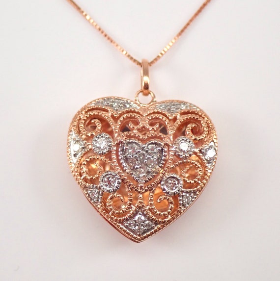 Genuine Diamond Heart LOCKET Pendant - Rose Gold Filigree Necklace - 18in Chain - Unique Wedding Anniversary Gift