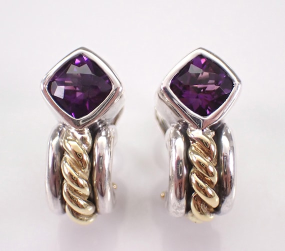 Authentic David Wysor Amethyst Earrings - 18K Yellow Gold and Sterling Silver Rope Huggies, Two Tone Designer Omega Clasp