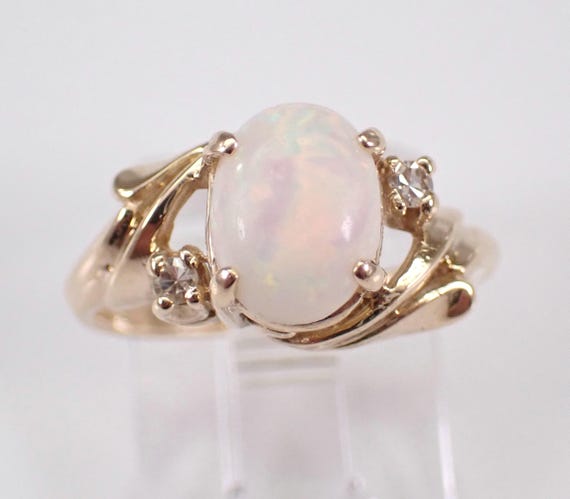 70s Vintage Opal and Diamond Ring - 14K Yellow Gold Gemstone Setting - Unique Estate Fine Jewelry Gift