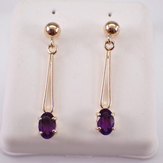 14K Yellow Gold Amethyst Earrings - Vintage Antique Fine Jewelry Gift - Unique Dangle Drops