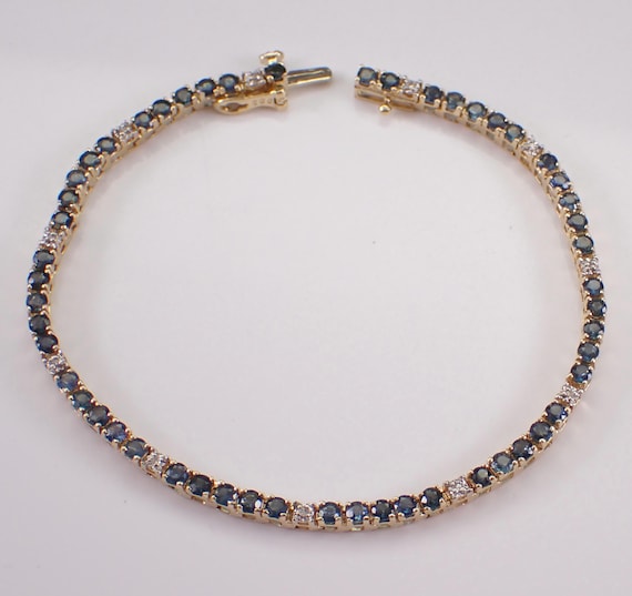 14K Yellow Gold Sapphire Tennis Bracelet - Estate Diamond Set Station Link - September Gemstone Fine Jewelry Gift
