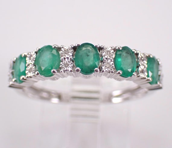 White Gold Emerald Wedding Ring - Stackable Diamond Anniversary Band - Gemstone Bridal Fine Jewelry Gift
