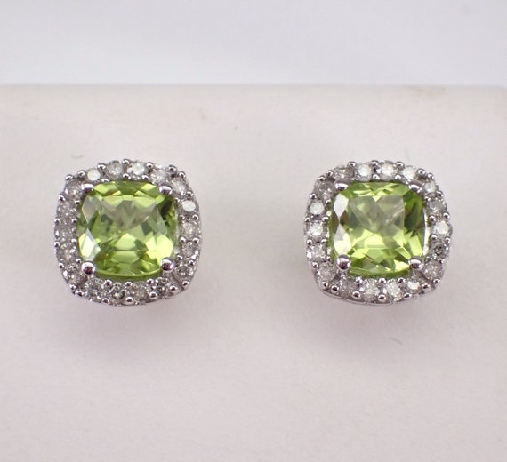 Cushion Cut Peridot Stud Earrings - White Gold Diamond Halo Setting - August Birthstone Gemstone Jewelry Gift