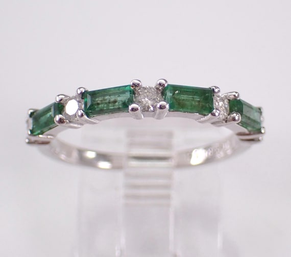 14K White Gold Emerald Wedding Ring, Stackable Diamond Anniversary Band, Dainty Baguette Fine Jewelry Gift