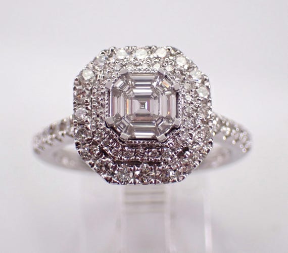 14K White Gold Diamond Engagement Ring - Square Asscher Cluster Halo Setting - GalaxyGems Bridal Promise Jewelry Gift