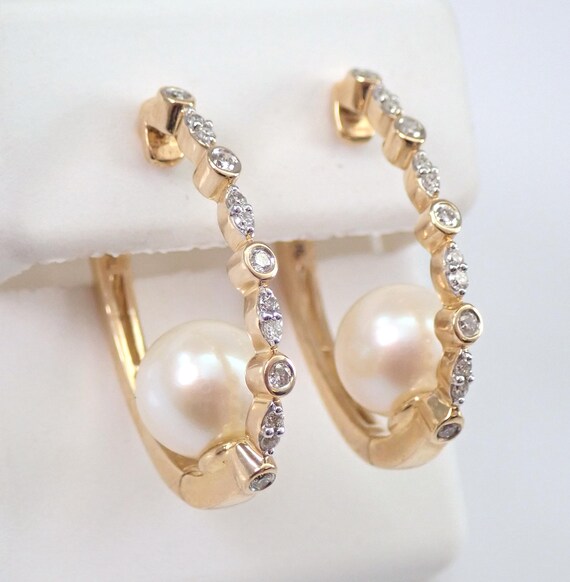 Pearl and Diamond Hoop Earrings - Yellow Gold June Birthstone Jewelry - Unique Gemstone Gift
