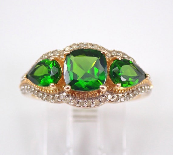 Chrome Diopside and Diamond Ring - Yellow Gold Three Stone Engagement Setting - Forest Green Color Cushion Cut Gemstone