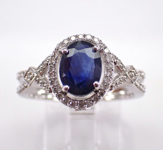14K White Gold Sapphire Engagement Ring - Diamond and Gemstone Halo Setting - Birthstone Fine Jewelry Gift