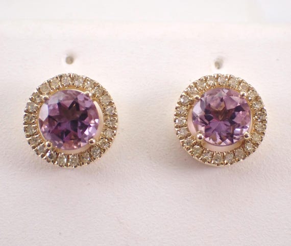 Yellow Gold Amethyst and Diamond Stud Earrings: February Birthstone Gemstone Studs