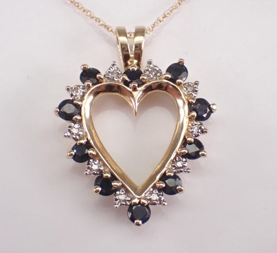 Vintage Yellow Gold Sapphire and Diamond Necklace - Estate Heart Charm Pendant and Chain