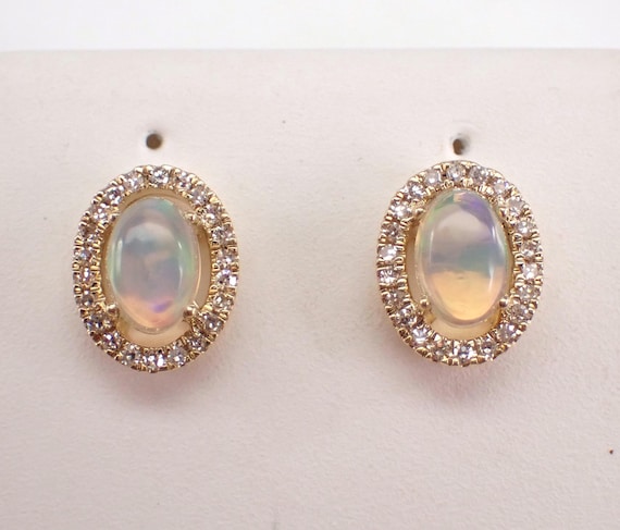 Yellow Gold Opal Stud Earrings, Genuine Diamond Halo Setting, October Birthstone Jewelry Gift