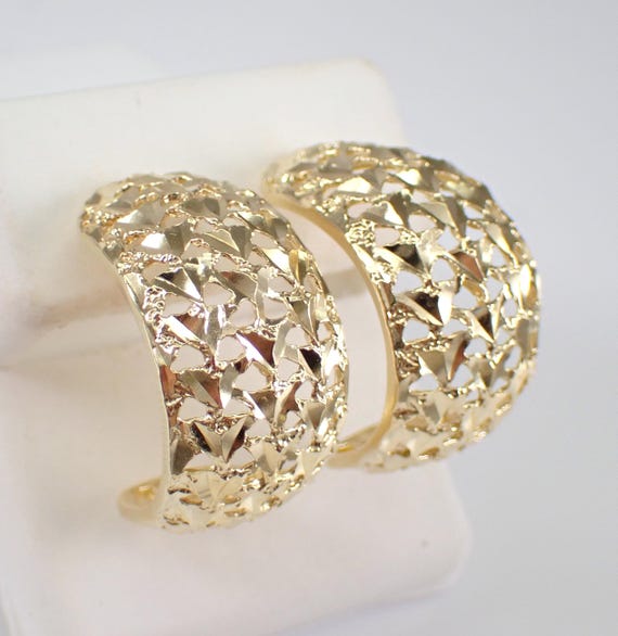 Vintage 14K Yellow Gold Earrings - Unique Wide Half Hoop Stud Drops - Estate Fine Jewelry Gift
