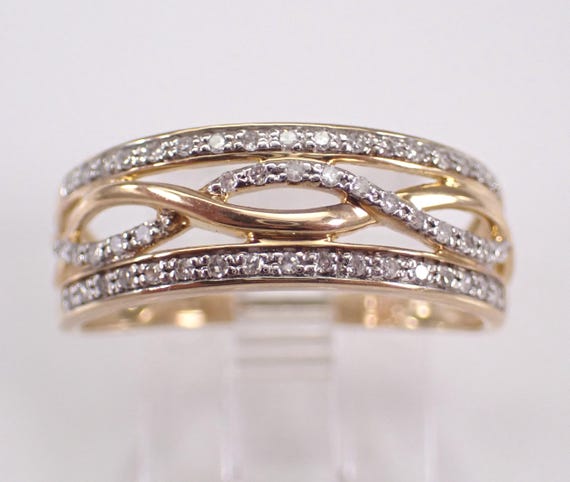 Yellow Gold Diamond Bypass Ring: Crossover Wedding Anniversary Band
