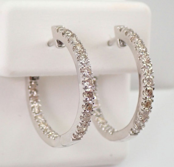 1.50ct Genuine Diamond Hoop Earrings - Solid White Gold In and Out Hoops - GalaxyGems Fine Jewelry