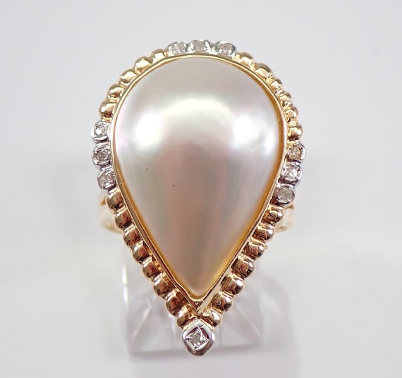 70s Vintage Mabe Pearl Ring - Estate 14K Yellow Gold Diamond Halo Setting - Large Teardrop Statement Jewelry