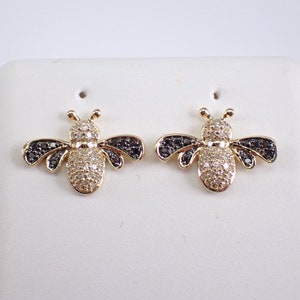 Black and White Diamond Bee Earrings - Yellow Gold Petite Cluster Studs - Birthday Graduation Gift for Daughter