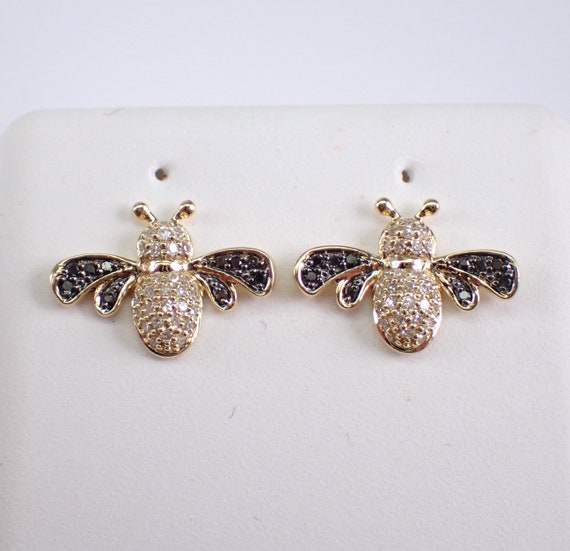 Black and White Diamond Bee Earrings - Yellow Gold Petite Cluster Studs - Birthday Graduation Gift for Daughter