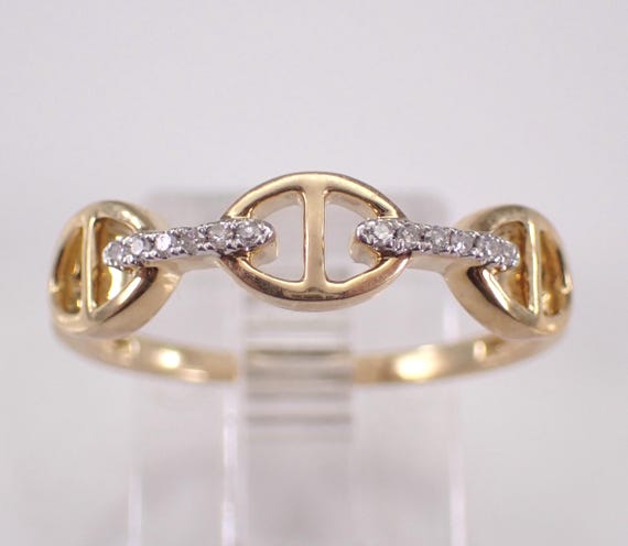 Yellow Gold Diamond Stackable Ring: Dainty Anchor Chainlink Wedding Anniversary Band