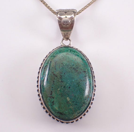 Vintage Chrysocolla Slide Pendant and Chain, Unique Sterling Silver Charm Necklace