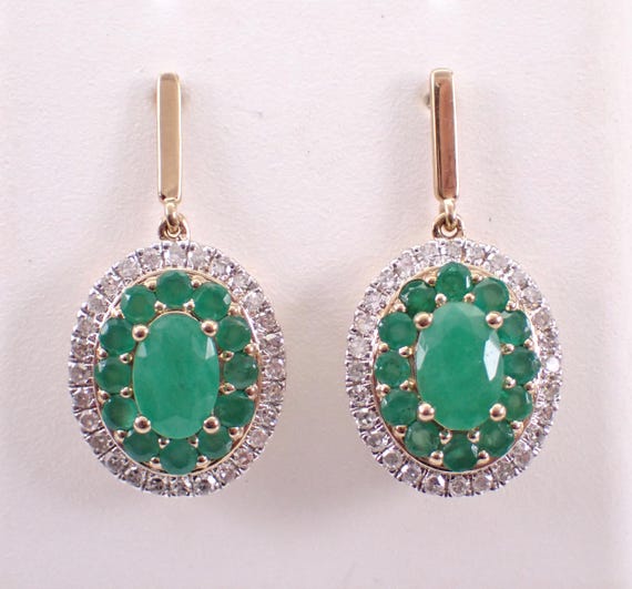 Emerald and Diamond Dangle Earrings, Yellow Gold Cluster Drop Earrings, May Birthstone Fine Jewelry Gift