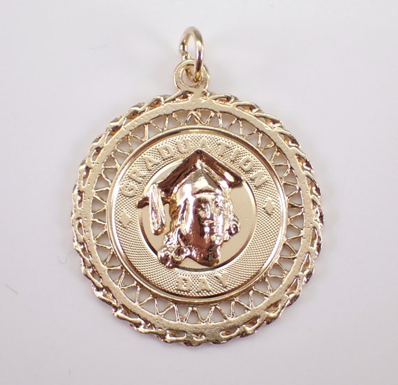 Vintage 14K Yellow Gold GRADUATION DAY Charm - 70s Estate Large Coin Disk Pendant for Bracelet or Necklace