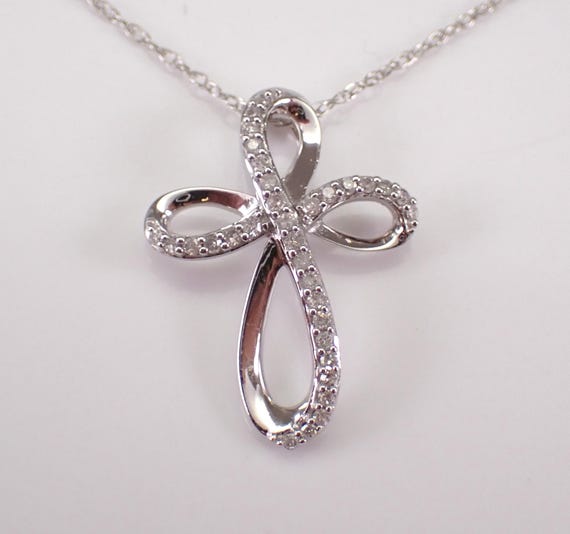 White Gold Diamond Cross Pendant, Dainty Religious Charm Necklace, Unique Small Crucifix Drop and Chain