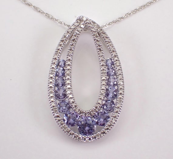 White Gold Tanzanite and Diamond Pendant - Teardrop Gemstone Charm Necklace - December Birthstone Choker Chain
